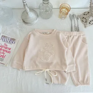 Infant baby waffle knit sweatshirt and pants set, detailed view of cute bear design.