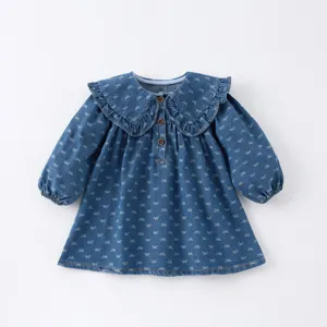 Infant baby girl denim dress long sleeve cute bow print ruffled collar toddler clothes