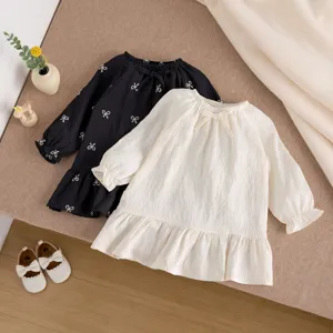 Bébé fille bambin robe manches longues jolie broderie nœud ourlet volanté tenue de sœurs