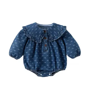 Infant baby girl denim romper cute bow print ruffled collar long sleeve toddler infant bodysuit