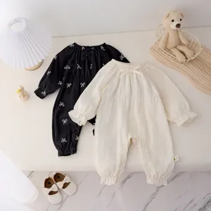 Bébé grenouillère manches longues nœud mignon brodé combinaison nourrisson fille vêtements
