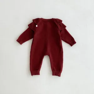 Infant baby knitted romper autumn long sleeve ruffle jumpsuit newborn warm clothing detail view.