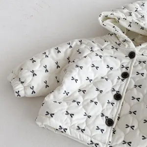 Infant baby hooded cotton coat cute bow printed quilted winter jacket warm toddler outerwear