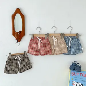 Shorts d'ete a carreaux pour enfants avec cordon blanc, vetement bebe decontracté.