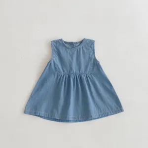 Infant baby soft denim sleeveless dress detail, cute summer toddler girl A-line skirt.