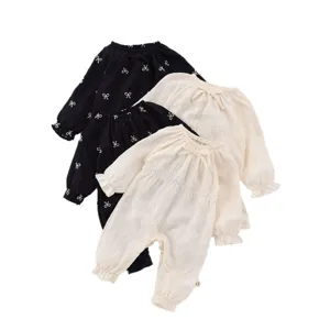 Adorable grenouillère bébé manches longues brodée de nœuds ensemble fille nouveau-né tenue