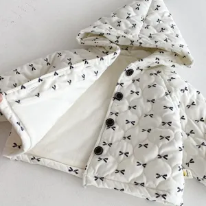 Infant quilted hooded jacket with cute bow print design, warm winter coat for baby girls.