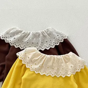 Toddler girls waffle knit top detail, elegant lace collar close up, cute autumn children apparel
