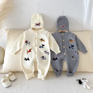 Baby Strick Overall und Mütze Set süße Hunde Stickerei Herbst Kleidung Säugling