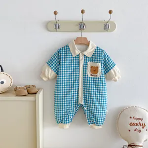 Baby winter fleece padded romper cute blue plaid jumpsuit infant warm crawling clothes