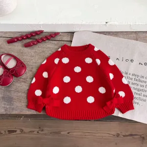 Toddler girls red polka dot knitted sweater with cute bows, autumn warm kids fashion top.