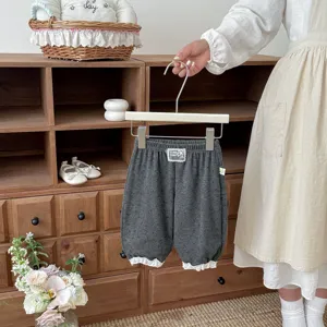 Kids girls casual lantern pants sweet floral toddler cotton trousers with lace trim detail
