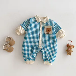 Baby Winter Romper Blue Plaid Padded Jumpsuit Cute Bear Pocket Infant Clothes Detail View