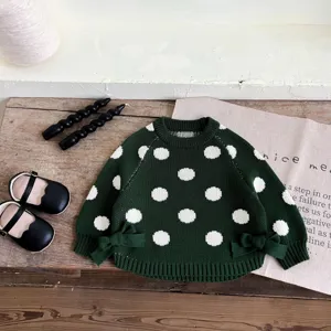 Cute toddler girls green polka dot knitted sweater winter warm pullover baby top knit