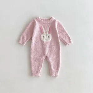Cute pink fleece baby romper with adorable bunny embroidery, long sleeves, warm autumn wear.