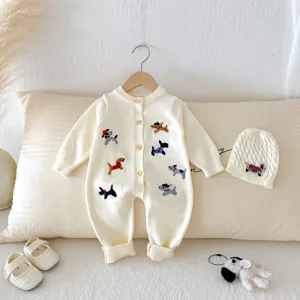 Saeugling gestrickter Baby Romper suesse Hunde Stickerei Neugeborene Herbstkleidung Set