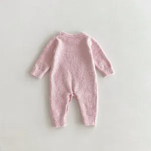 Pink cozy baby romper fluffy fleece winter long sleeve jumpsuit warm sleepwear detail view
