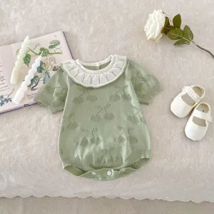 Cute baby girl knitted romper short sleeve cherry pattern newborn baby clothes sweet style