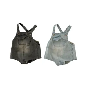 Cute baby denim rompers set with front pockets and straps in dark gray and light blue colors.