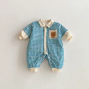 Baby winter padded romper cute blue plaid jumpsuit with bear pocket for toddler infants