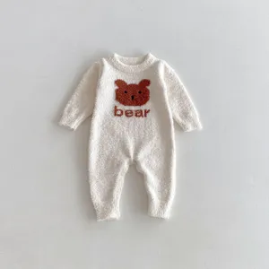 Thickened fleece baby winter romper with cute bear graphic, soft warm long sleeve crawler for infants