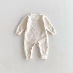 Cozy baby fleece romper for autumn and winter, warm long sleeve crawling jumpsuit for infants.