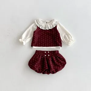 Completo autunnale bambina tre pezzi gilet floreale camicia collo ruches manica lunga