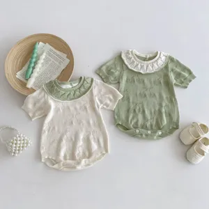Summer baby knit romper with doll collar, sweet toddler infant crawling jumpsuit clothing