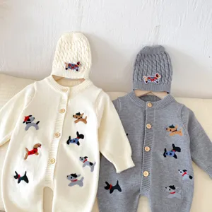 Baby Strick Overall Set Herbst süße Hunde Stickerei Kleinkind Cardigan und Mütze