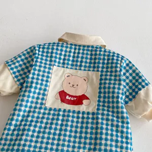 Cute baby plaid romper with bear patch, warm fleece-lined collared jumpsuit for infant.