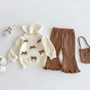 Set maglione in maglia bambina con fiocco pantaloni svasati inverno set chic new