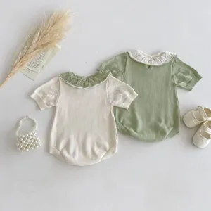 Summer baby knit doll collar romper, breathable short sleeve baby crawler with sweet hollow details.
