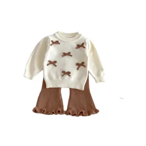 Set maglione in maglia e pantaloni a zampa per bambina, top manica lunga con fiocco.