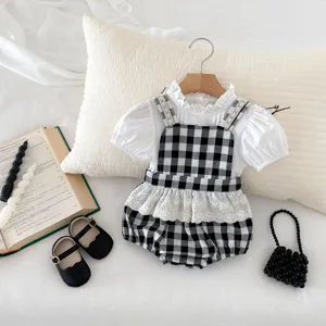 Baby girl summer plaid strap romper set with white blouse, cute toddler two-piece outfit.