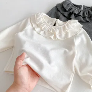 Camicetta manica lunga bambini con colletto bambola volant, top base cotone bambina carino.