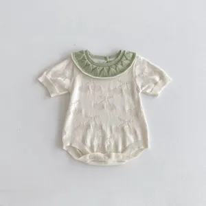 Summer baby knit romper with cute doll collar and sweet cherry pattern, breathable infant bodysuit.