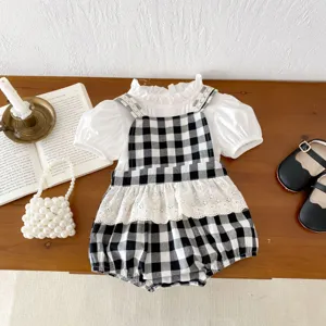 Baby girl summer plaid romper and white puff sleeve top set, cute infant two-piece outfit.