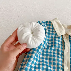 Infant baby winter thick velvet plaid romper detail showing soft plush decor and collar design.