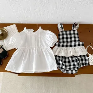 Infant summer baby clothing set, white puff sleeve top and black white plaid romper.