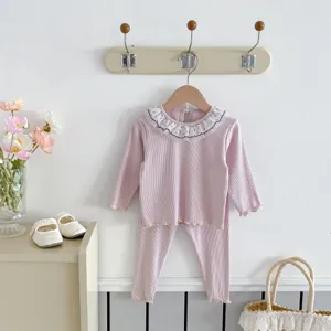 Baby girl ribbed two-piece set with cute ruffled collar, long sleeve top and pants.