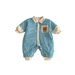 Baby winter fleece padded romper cute blue plaid jumpsuit infant long sleeve warm outerwear