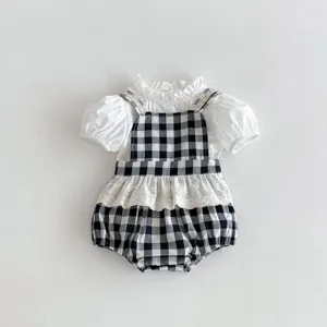 Infant baby girl summer black white plaid romper and ruffled short sleeve top set