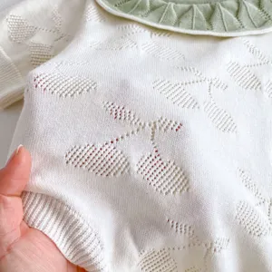 Summer baby knit romper featuring delicate doll collar and sweet hollow design, soft and comfortable.