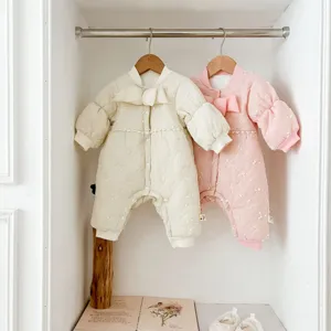 Infant Baby Girls Winter Thickened Quilted Romper Long Sleeve Cute Bowknot Fleece Lined Cotton Jumpsuit Outfits