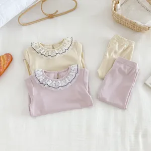 Cute baby girl autumn two-piece set featuring ruffled lace collar top and comfortable leggings.