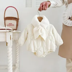 Cute baby winter cotton romper in creamy white with plush collar, embroidered details, warm outdoor wear.