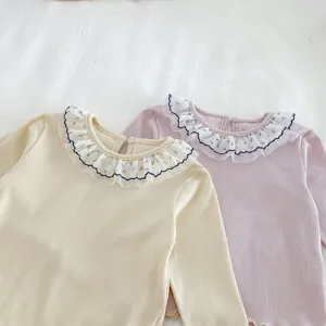 Cute baby girl long sleeve ribbed top with delicate lace doll collar, detail view.