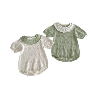 Cute baby knitted romper with doll collar and sweet cherry pattern, perfect for summer daily wear.