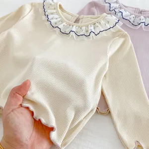 Baby girl long sleeve ribbed top with cute floral doll collar and lettuce hem for autumn.