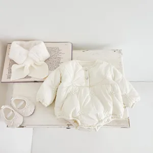 Baby winter padded romper set with cute collar and shoes, cozy infant outerwear in cream white.